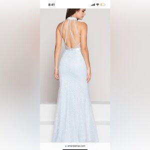 Colors Dress style #1869 this is a baby blue lace halter gown.